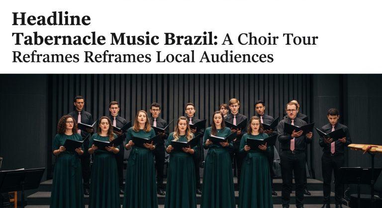 Concert scene featuring a choir and orchestra on a Brazilian stage during a touring program.
