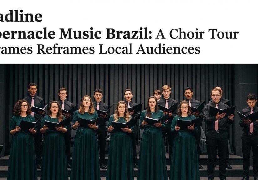 Concert scene featuring a choir and orchestra on a Brazilian stage during a touring program.