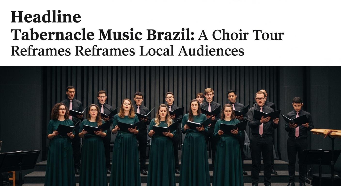 Concert scene featuring a choir and orchestra on a Brazilian stage during a touring program.