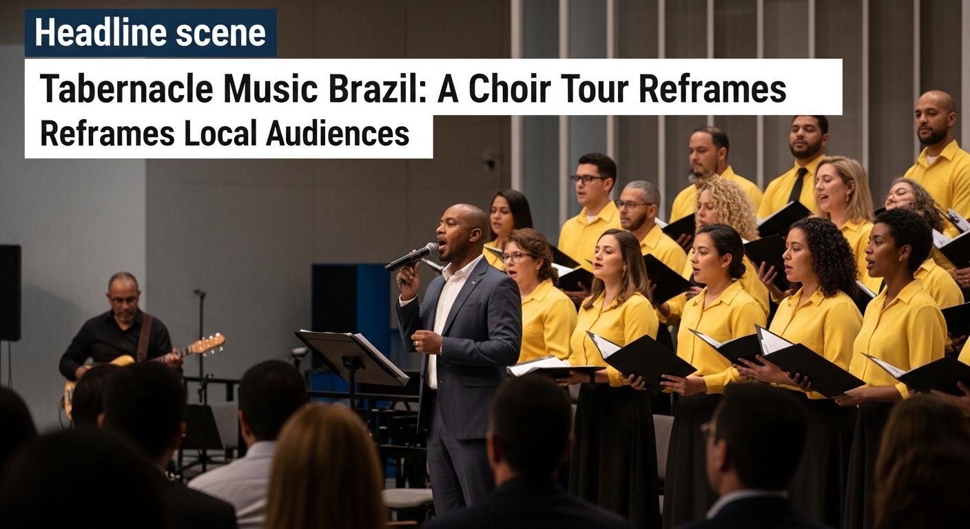 Concert scene featuring a choir and orchestra on a Brazilian stage during a touring program.