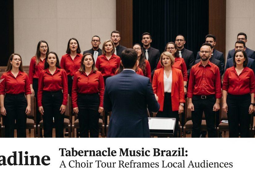 Concert scene featuring a choir and orchestra on a Brazilian stage during a touring program.