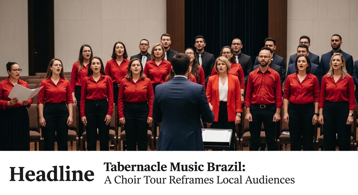 Concert scene featuring a choir and orchestra on a Brazilian stage during a touring program.