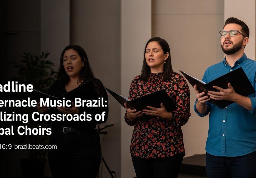 Choral concert in Brazil featuring a combined choir and orchestra under warm stage lighting.