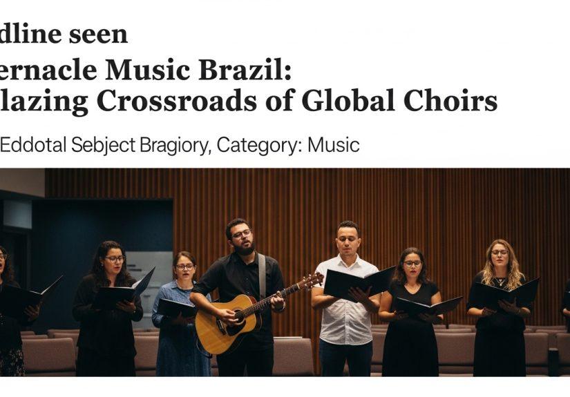 Choral concert in Brazil featuring a combined choir and orchestra under warm stage lighting.