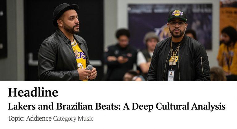 Illustration of basketball court blending with Brazilian music imagery and Lakers branding in a vibrant, culturally blen
