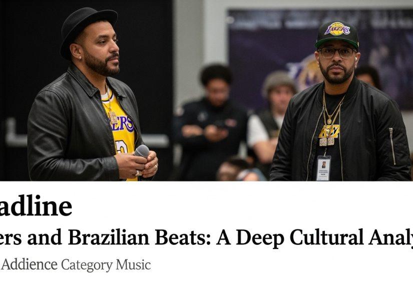 Illustration of basketball court blending with Brazilian music imagery and Lakers branding in a vibrant, culturally blen