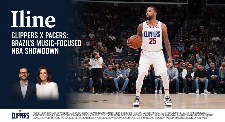 Graphic of Clippers vs Pacers logos with Brazilian music energy and neon ambiance.