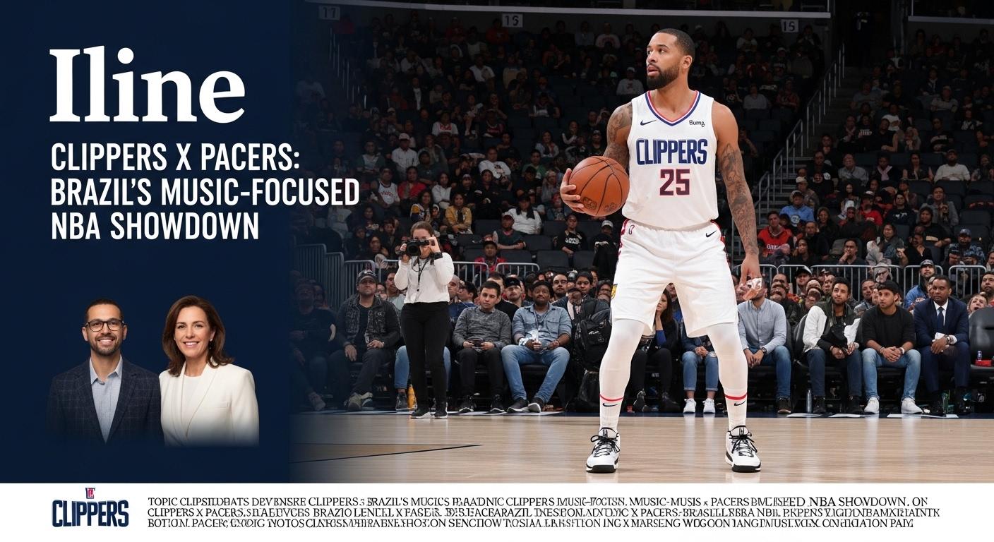 Graphic of Clippers vs Pacers logos with Brazilian music energy and neon ambiance.