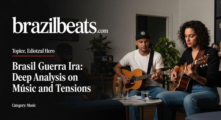 Brazilian musician in a studio with a world map backdrop, illustrating geopolitics and music.