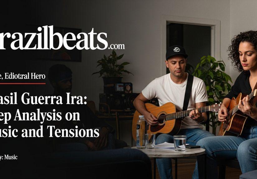 Brazilian musician in a studio with a world map backdrop, illustrating geopolitics and music.