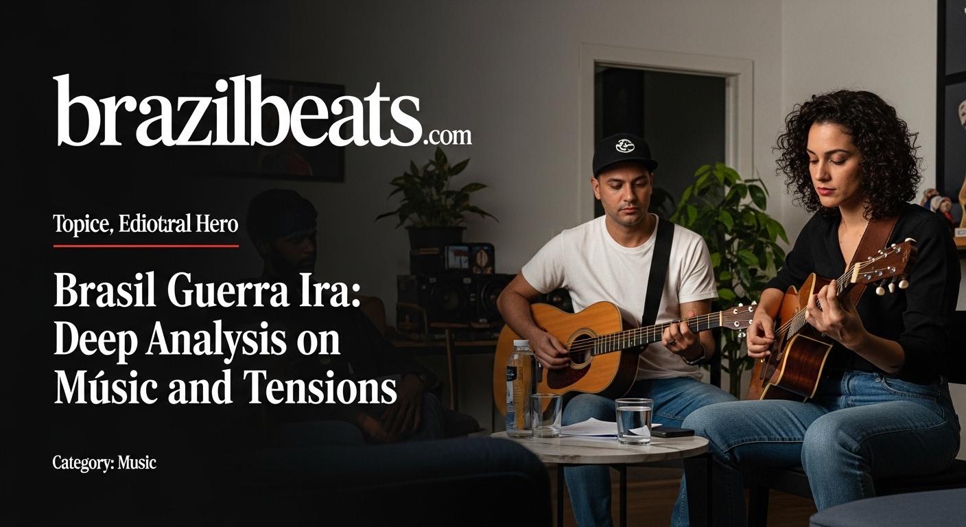 Brazilian musician in a studio with a world map backdrop, illustrating geopolitics and music.