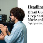 Brazilian musician in a studio with a world map backdrop, illustrating geopolitics and music.