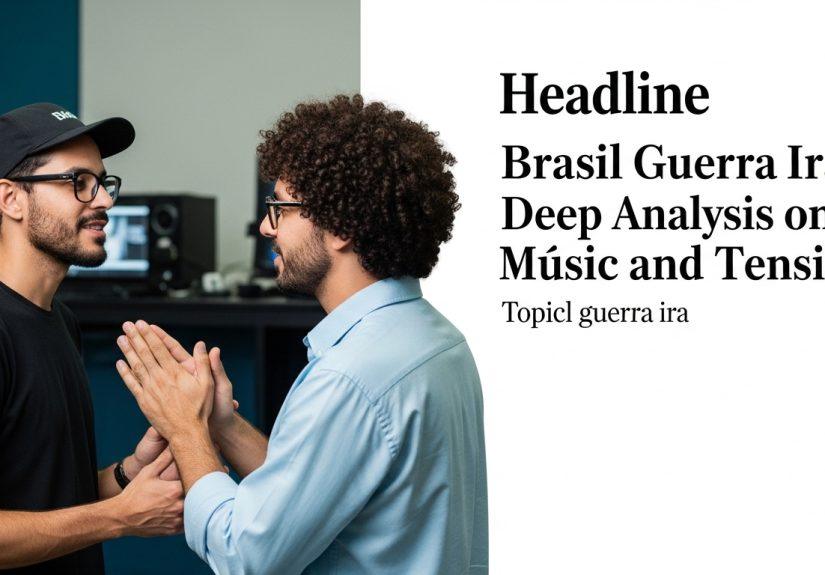 Brazilian musician in a studio with a world map backdrop, illustrating geopolitics and music.