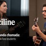 Brazilian music student on campus with scholarship emblem