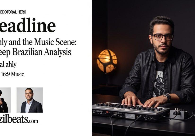 Al Ahly crest with musical notes over a Brazilian crowd and stadium lights in a neon editorial style.