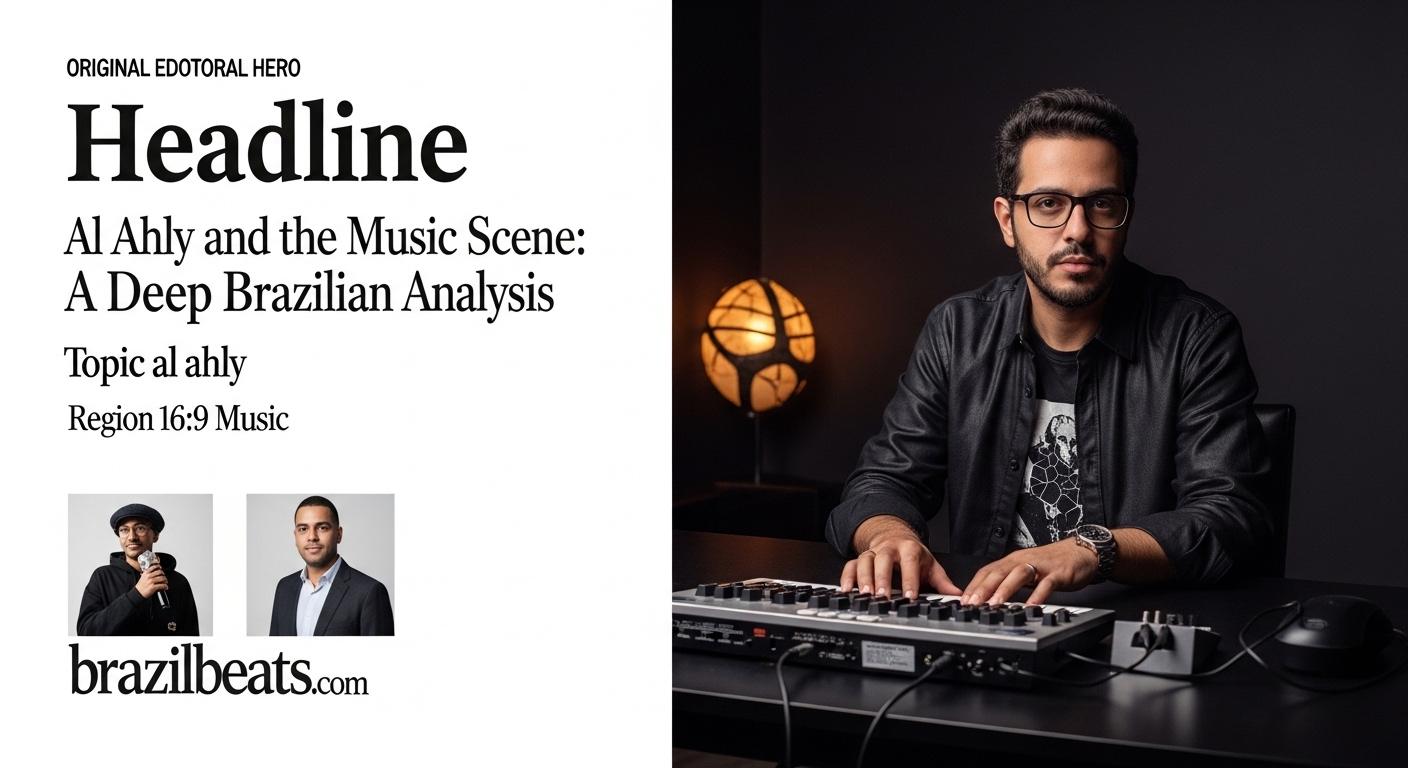 Al Ahly crest with musical notes over a Brazilian crowd and stadium lights in a neon editorial style.