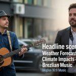 Musician performing at an outdoor Rio venue under overcast skies, signaling weather considerations for events