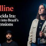 Brazilian musicians performing under neon lights with rain and urban backdrop reflecting mood of chuva ácida ira