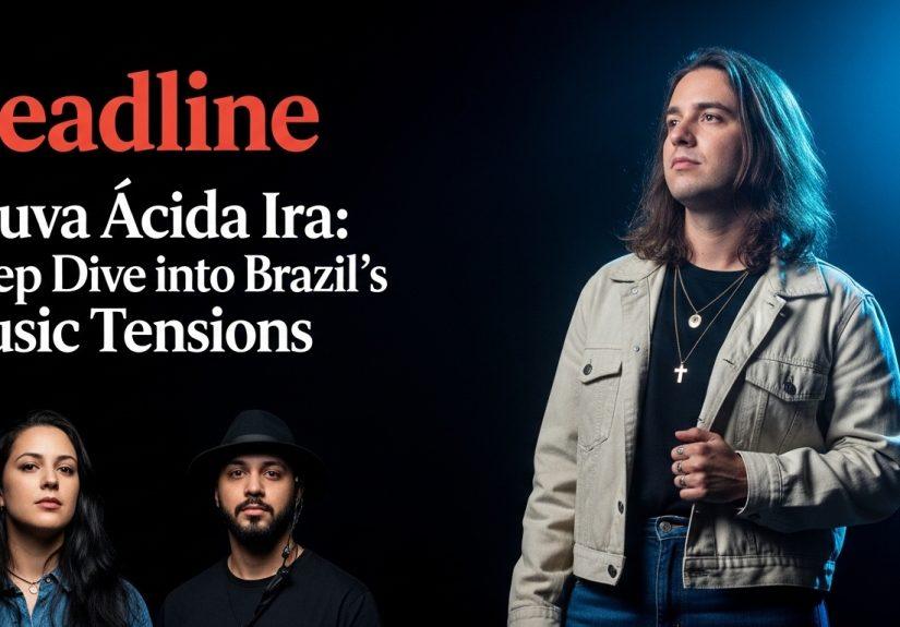 Brazilian musicians performing under neon lights with rain and urban backdrop reflecting mood of chuva ácida ira