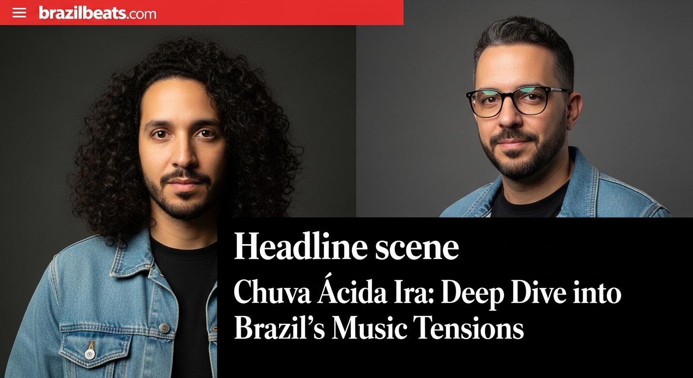 Brazilian musicians performing under neon lights with rain and urban backdrop reflecting mood of chuva ácida ira