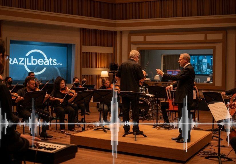 Musicians and conductor in a Brazilian TV studio, music-themed editorial photo with warm lighting