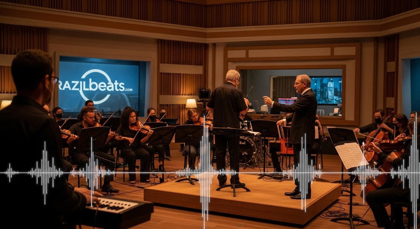 Musicians and conductor in a Brazilian TV studio, music-themed editorial photo with warm lighting