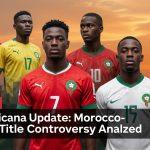 Artistic collage combining Afrobeat motifs, a football trophy, and Brazilian musical imagery to illustrate copa africana