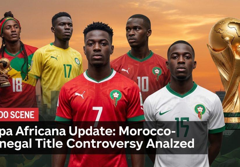 Artistic collage combining Afrobeat motifs, a football trophy, and Brazilian musical imagery to illustrate copa africana