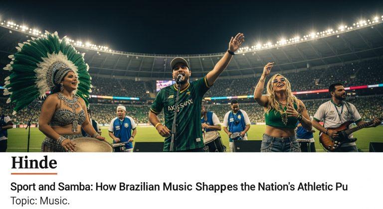 Brazilian musicians performing with a stadium backdrop and sports imagery.