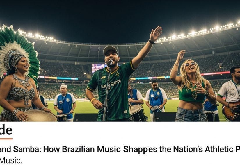 Brazilian musicians performing with a stadium backdrop and sports imagery.
